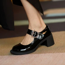 2020 new spring and autumn word buckle patent leather Mary Jane shoes leather retro big round head thick heel women shoes X012 fashionable round head patent leather women shoes comfortable spring autumn buckle strap female casual shoes