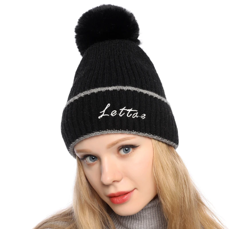 

2019 Womens New Wool Hat Lady's Knitted Cap Fashion Letter Plushed Double Winter Warm Cap