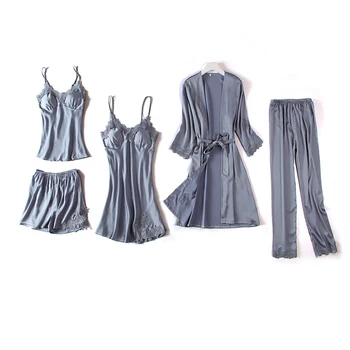

Pajamas Sleep Wear Set Gray Womens 5PCS Lace Nightgown V-Neck Nightwear Suit Sleepwear Robe Gown Pijama Nightie Home Clothes