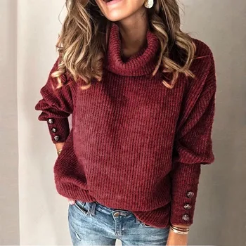 

2020 Women's Turtleneck Sweater Solid Color Loose Women Jumper With Buttons Casual Ladies Sweater Female 3XL 4XL 5XL Plus Size