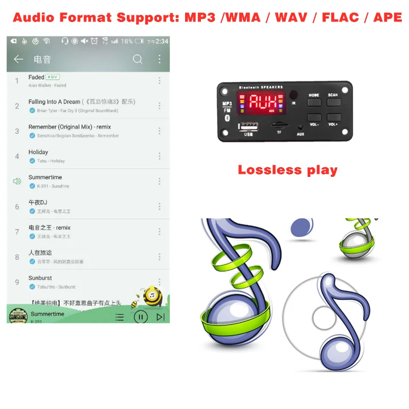 AUX 12 В Bluetooth 5.0 WAV Mp3-плеер Декодер Доска FM Радио Модуль Беспроводной аудиоприемник 3.5 мм TF Карта