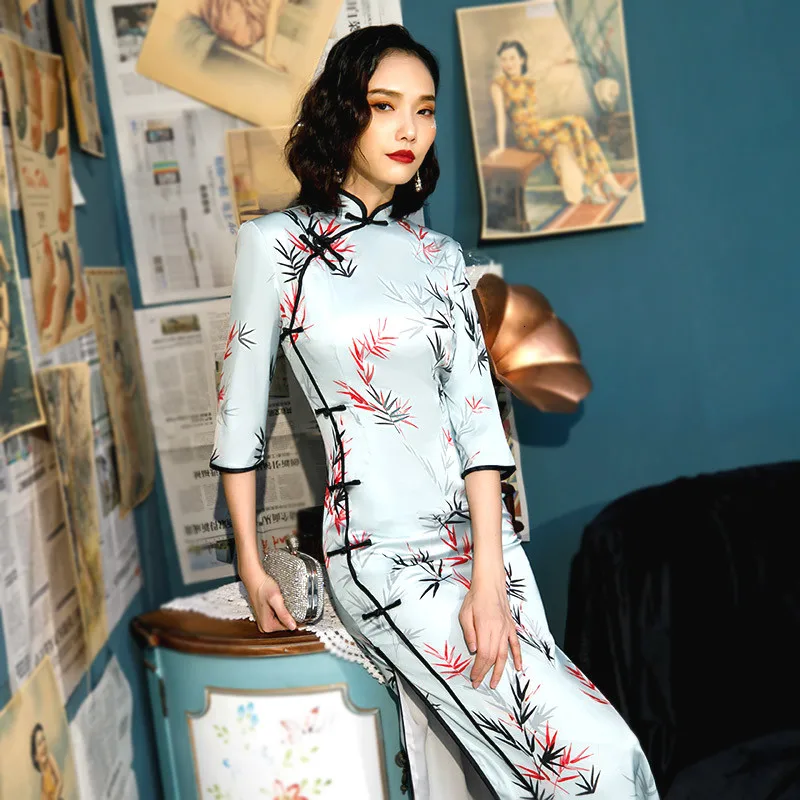 Sheng Coco женское синее длинное китайское винтажное шелковое платье Cheongsam с высоким разрезом банкетное длинное платье с принтом листьев бамбука Qipao