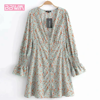 

French Vintage Floral Fresh V-Neck Long Sleeve High Waist Women's Dress Single-breasted Bell Sleeve Sexy Chic Female Dress