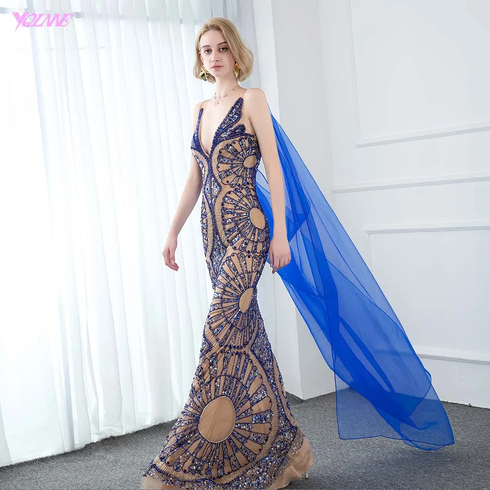 Royal Blue YQLNNE, кутюр, роскошное синее вечернее платье с кристаллами, сексуальное, v-образный вырез, открытая подкладка, вечерние платья, без рукавов, платье русалки с шалью - Цвет: Royal Blue