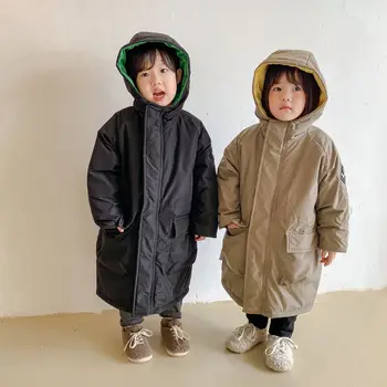 

Winter New Children's Casual Cotton Padded Clothes Korean Version Boys and Girls Solid Color Long Hooded Thickened Coat 2020