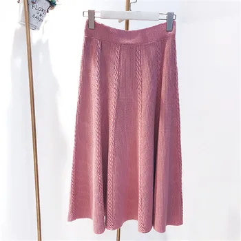 

Vintage Thick Autumn Wool Midi Long Winter Knit Skirt Elegant Women Jupe Femme Mid-Calf High Waist Casual Falda A-Line Skirts