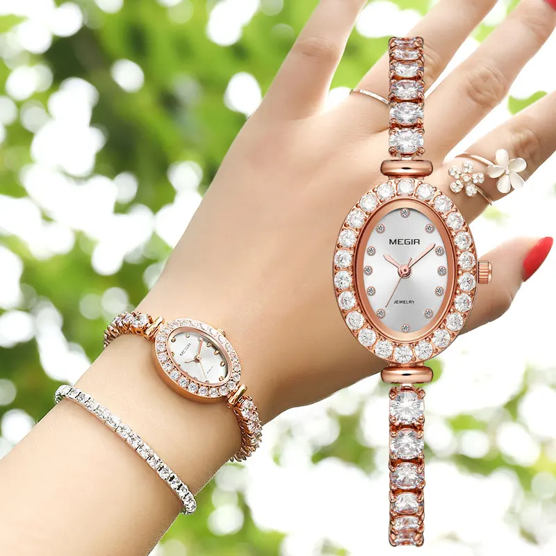 

Megir Ladies Elegant Wrist Watches Women Bracelet Rhinestones Analog Quartz Watch Women's Crystal Small Dial Watch Reloj