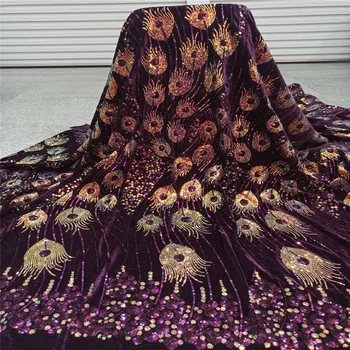 

African Velvet Lace Fabric With Sequins Nigerian French Lace Fabrics 2020 purple gold High Quality Sequined For Wedding Dress