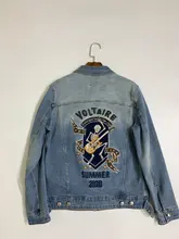 Veste en Denim bleu délavé pour femme, manteau à manches longues, avec crâne brodé sur la poitrine, pour jouer de la guitare, collection été 2020