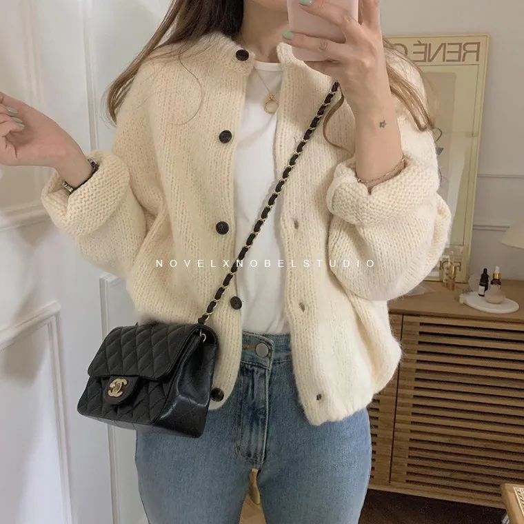 Loose Cardigan Sweaters Oversize Vintage-Buttons Womens New Puff-Sleeve Autumn Single-Breasted