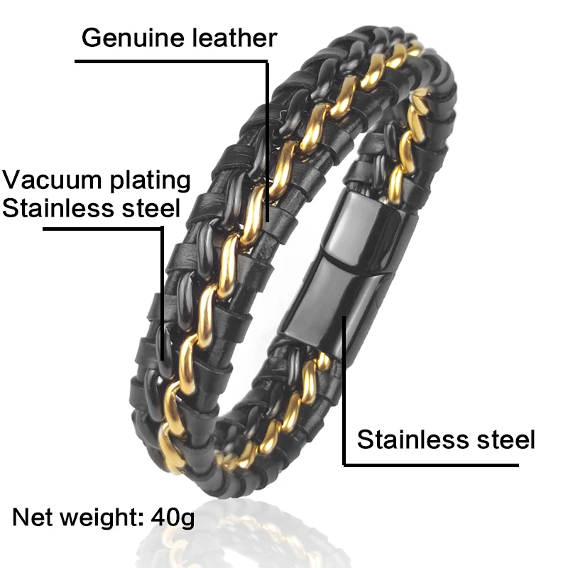 Genuine Leather Chain Bracelet for Men Magnetic Stainless Steel Clasp in Black Silver Gold Exclusive Jewellery Great Gift Idea - Image 2