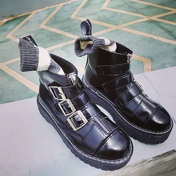 

Genuine Leather Thick Bottom Martin Boots European American Belt Buckle Flat Women Short Boots British Style Women's Shoes New