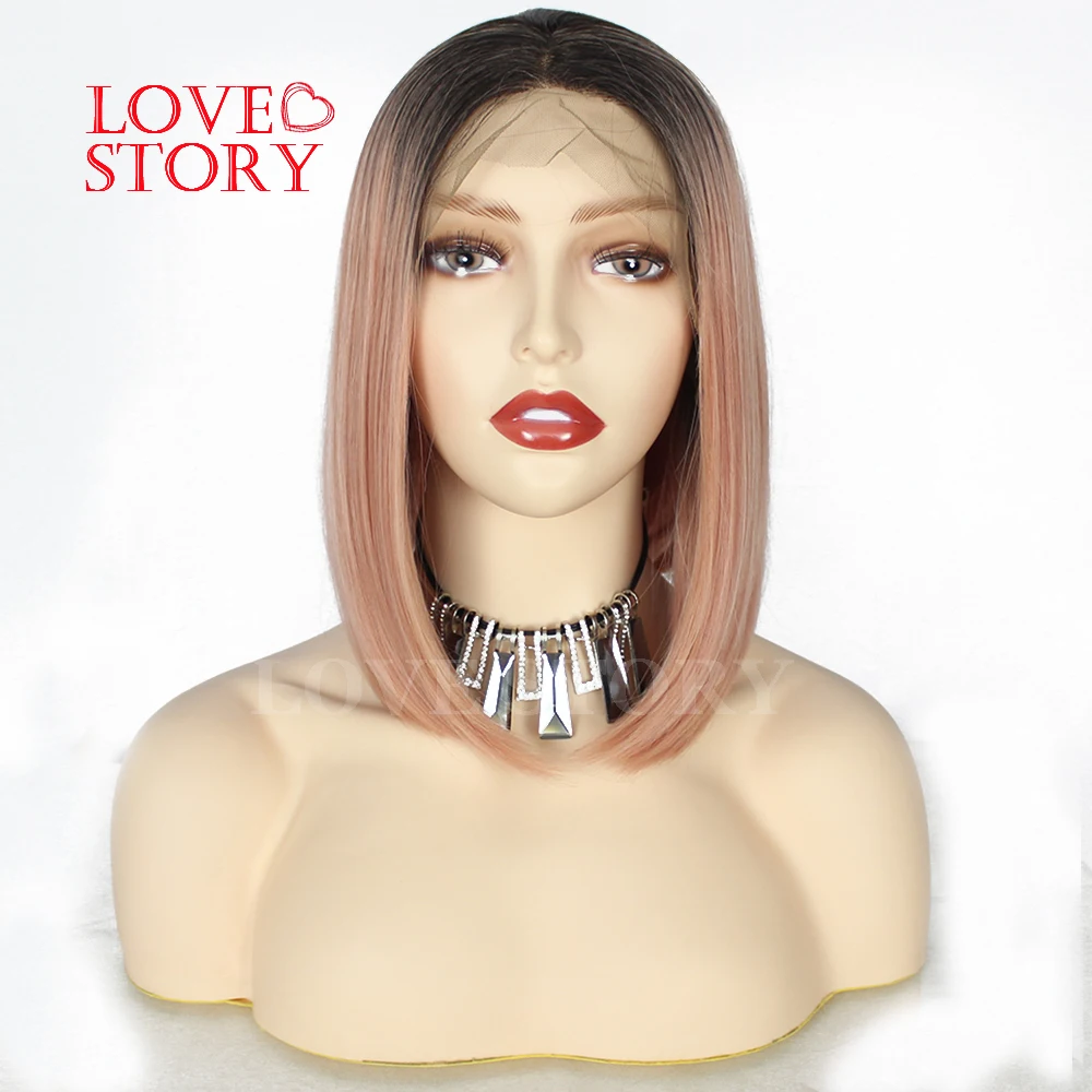 

Lovestory Pink Color Synthetic Lace Front Wig Short Bob Heat Resistant Synthetic Straight Hair Wig