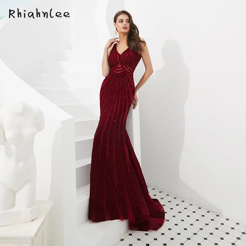 Rhiahnlee бордовые вечерние платья без рукавов с коротким шлейфом vestido de fiesta largos de noche elegante V образным вырезом формальное платье
