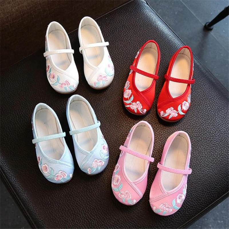 Классическая обувь на плоской подошве с вышивкой для девочек; обувь принцессы в этническом стиле с цветочным узором; детская обувь для сцены; детская обувь; N397