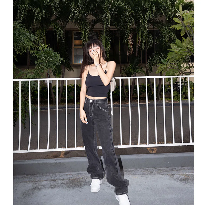 2020 High Waist Straight Jeans Women Boyfriend Overalls Loose Wide Leg Denim Pants Washed Retro Autumn Winter Long Jean New | Женская