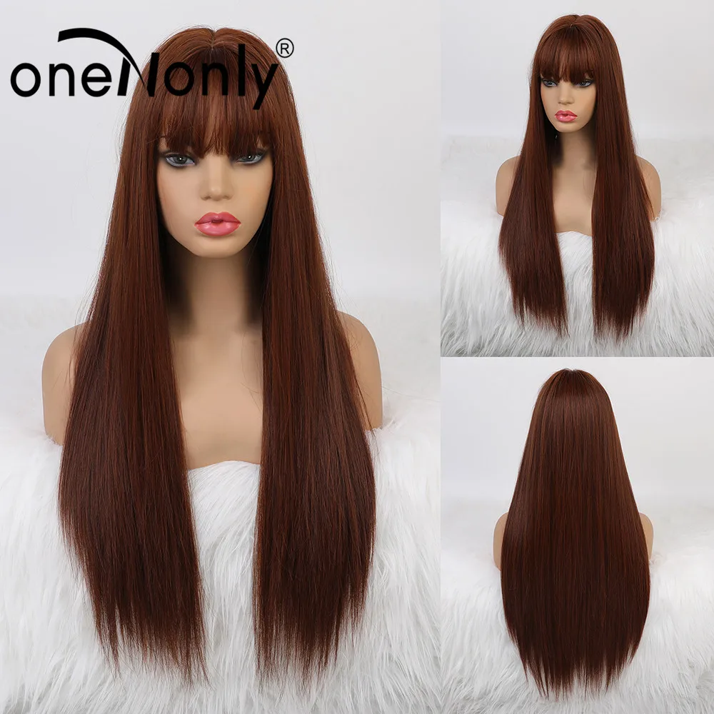 

oneNonly Red Brown Synthetic Wigs Silk Straight Natural Hair Wigs for White Black Women Glueless Ombre Brown Wigs Free Shipping
