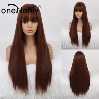 

oneNonly Red Brown Synthetic Wigs Silk Straight Natural Hair Wigs for White Black Women Glueless Ombre Brown Wigs Free Shipping