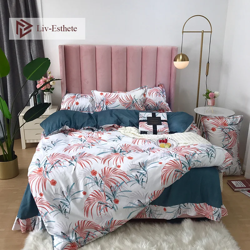 

Liv-Esthete Fashion Nordic Plant Bedding Set Flat Sheet Duvet Cover Double Queen Adult Pillowcase Bed Linen Set 4PCS Wholesale