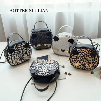 

Cute Cat Shoulder Bags For Women Leopard Print Crossbody Bag Mini Handbag PU Leather Phone Coin Purse Round Female Lady Bag 2020