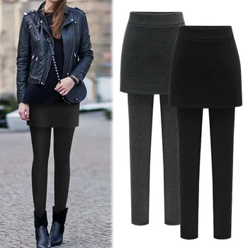 

Winter New Fashion Leggings Elastic Waist Cat Patchwork Velvet Thick Warm Large Size Fake 2 Pieces Pants Women Velvet Thick d#