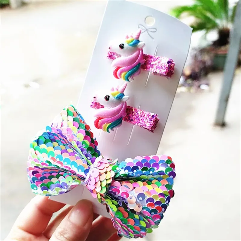 pink 5 компл./лот прелестный бант с блестками в форме единорога Заколки для волос с мультяшным животным с пайетками для девочек, заколка для волос, аксессуары для волос, платье принцессы повязка на голову - Цвет: pink