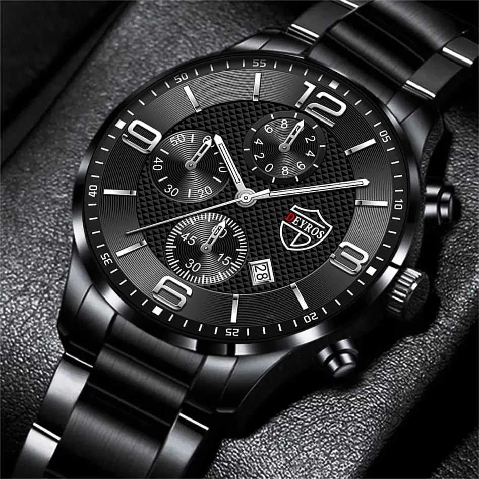 Reloj de negocios de lujo para hombre, cronógrafo de cuarzo, de acero inoxidable, luminoso, con calendario de cuero