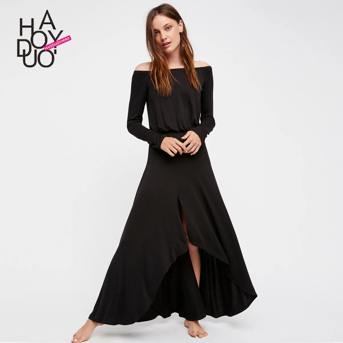 

2020 Autumn New Style Europe And America Women's Elegant Elastic Waist Horizontal Neck Long Sleeve Solid Color Dress Women's