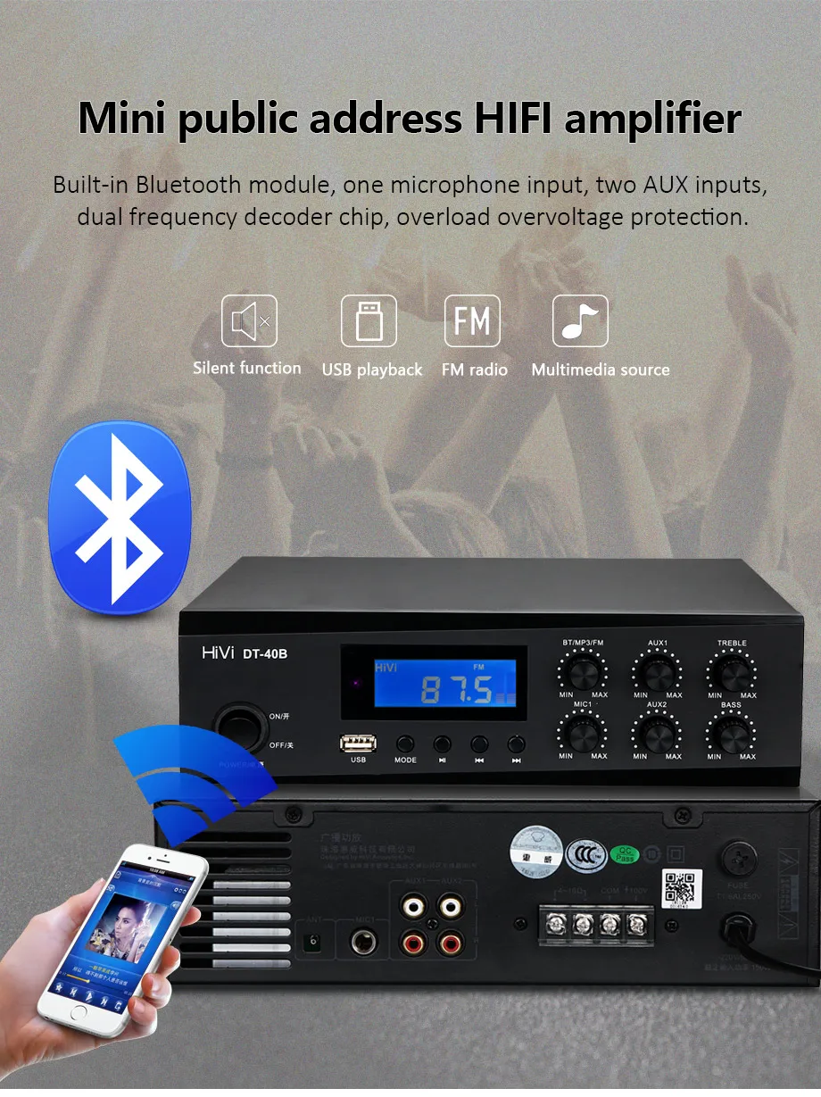 Bluetooth мини-усилитель 40 Вт 80 Вт домашний аудио усилитель Hivi PA система 110 в усилитель мощности с USB FM и пультом дистанционного управления