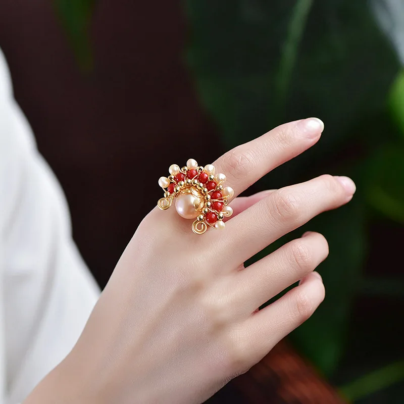 Original 14k gold natural freshwater pearl national quintessence knife horse Dan ring handmade retro Peking opera open 2021 | Украшения и