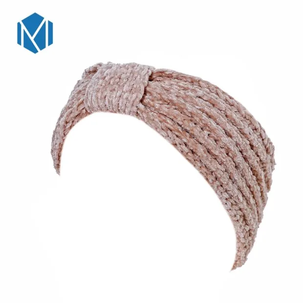 Autumn Winter Bow Hair Band Turban Warmer Chenille Headband Women Pink Elastic Knitted Hair Band Headband Accessories