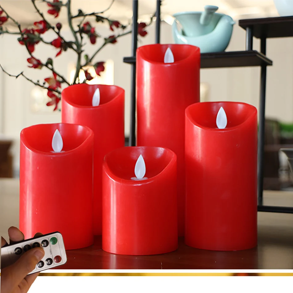 Dancing Flame Electronic Red Candle Light With Remote Control,Wax Pillar Led Red Candle For Event,SPA,Bar Table light Decoration