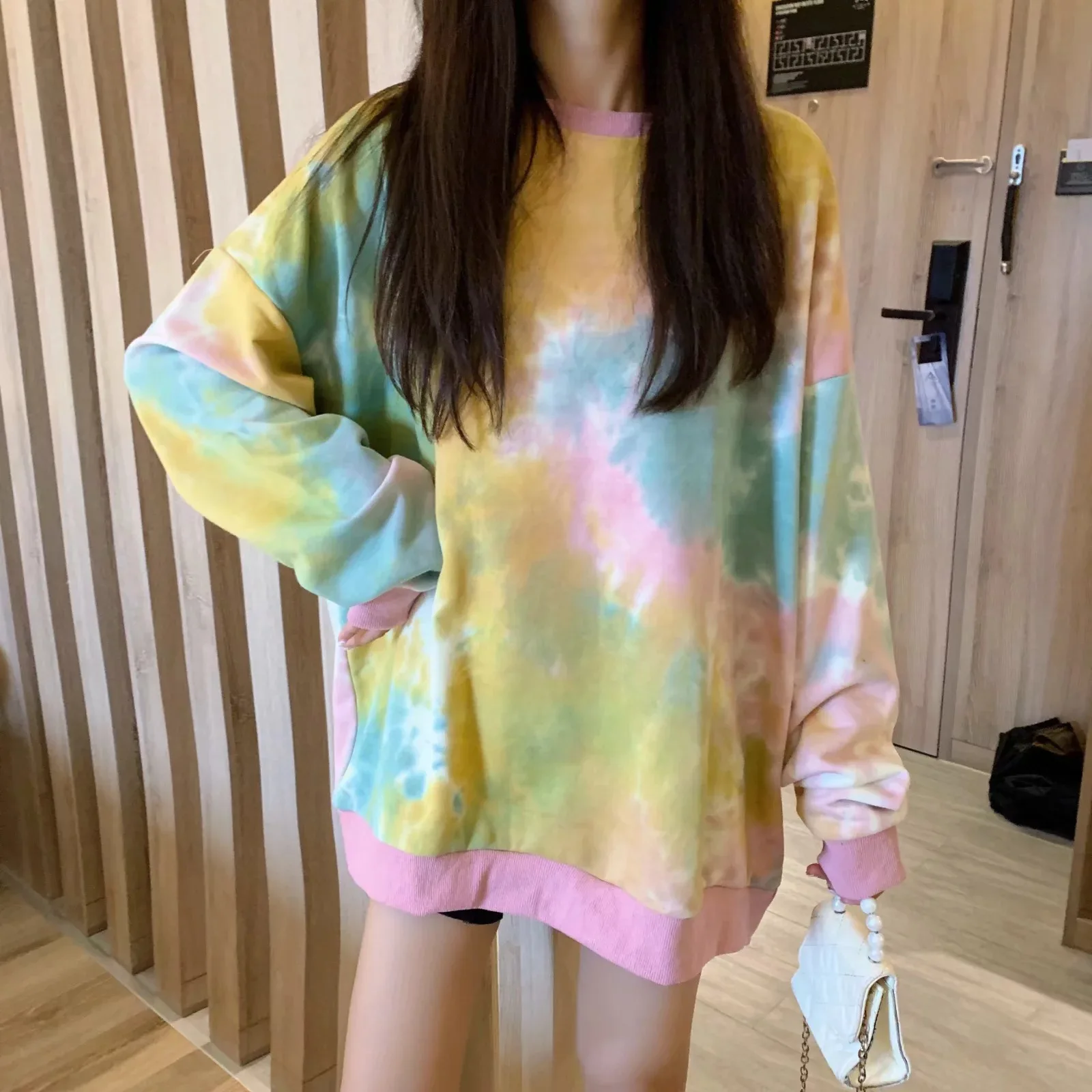 EDGLuLu женские осенние Топы пуловер с принтом tie dye осенне-зимний женский мешковатый свитер с круглым вырезом и длинным рукавом милый пуловер