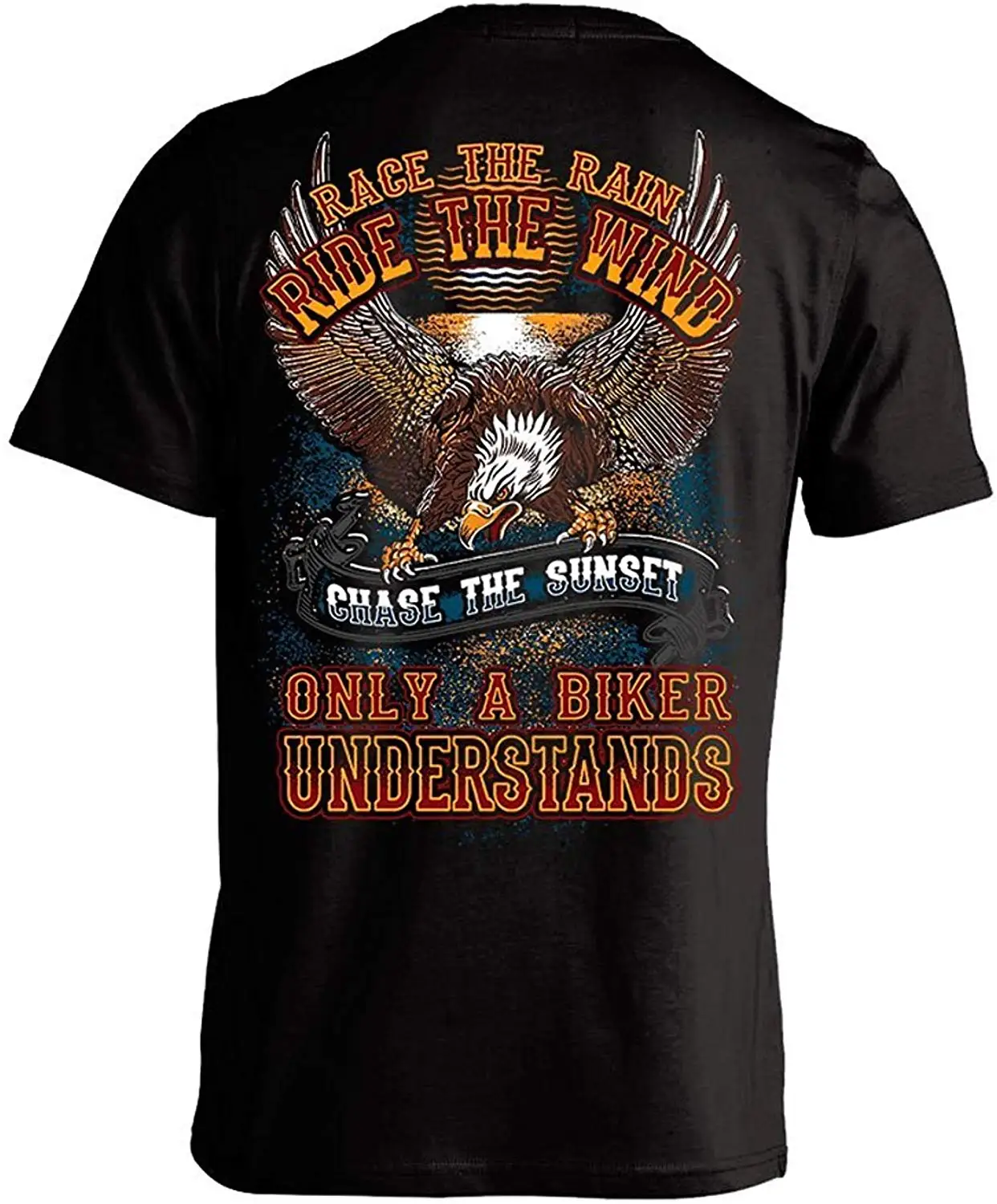 LOFGHFG GHFG Tshirts Race The Rain Ride Wind Chase Sunset Print is on Back of tFGHFG Shirt |