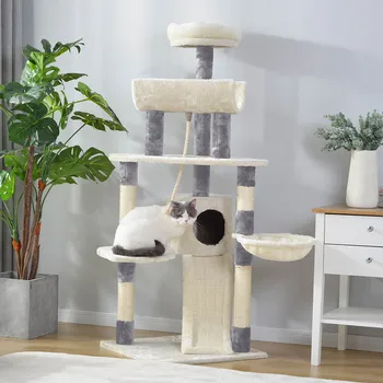 

Multi-layer Cat Tree Light Gray+White Milky White Flannel Princess Style Pet House Tree Climbing Frame With Basket Hammock