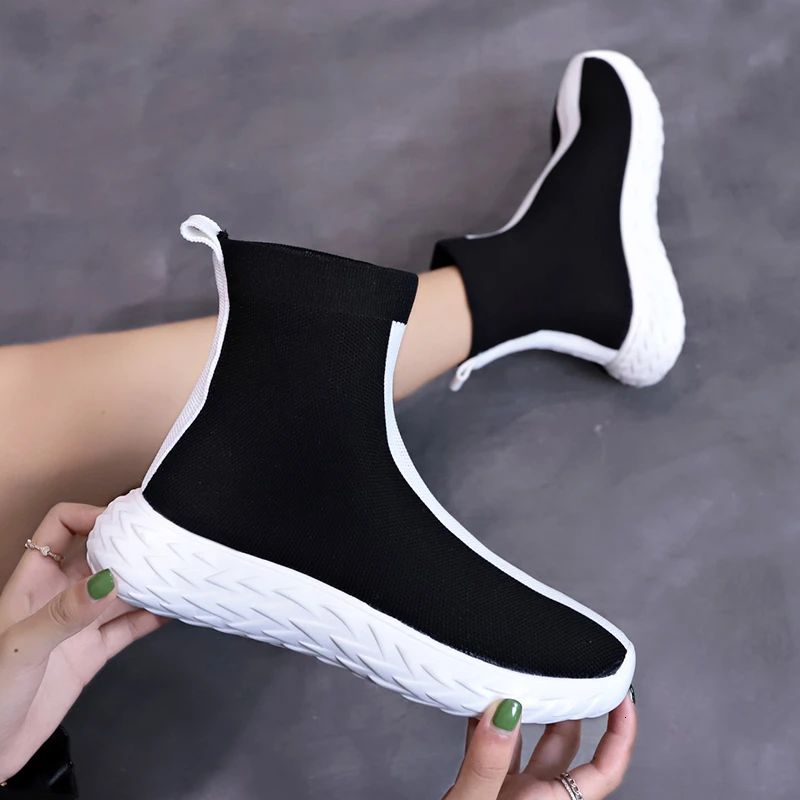 

Women Sock Shoes Ankle Boots Female Stretch Fabric Black Trainers Basket Tenis Autumn Korean Fashion Casual Shoes Woman