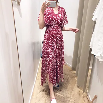 

Women Dress French Elegance 2019 Fall Winter Slim V-neck Thin Chiffon Print Irregular Women Midi Dresses Woman Party Night