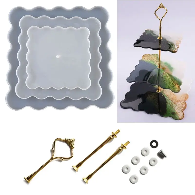 

3 Tier Square Cake Fruit Food Plate Stand Resin Casting Mold Irregular Fruit Disc Big Plate Resin Mold Fruit Tray Moulds