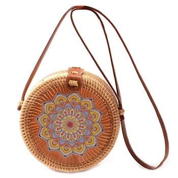 

Hand Knitted Rattan Single Shoulder Bag, Womens Beach Circular Knitted Satchel, Petal Design Exquisite Retro Style Leather Butto