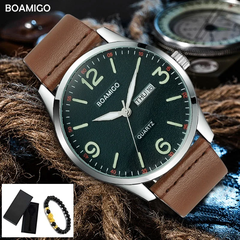 BOAMIGO Роскошные мужские часы кварцевые Военные модные спортивные деловые часы мужские повседневные коричневые кожаные Наручные часы водонепроницаемые часы