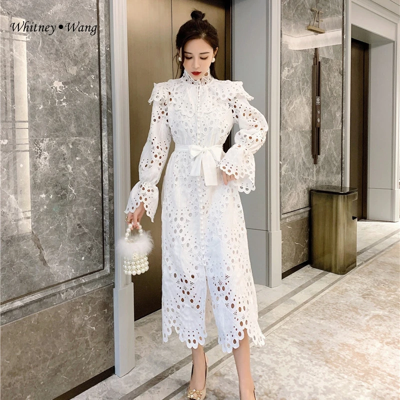 WHITNEY WANG весеннее Модное Элегантное кружевное длинное платье с расклешенными рукавами женское офисное платье макси Вечерние платья