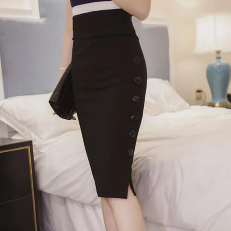 New Fashion Women Skirt Midi Skirt Slim OL Sexy Open Slit Button Slim Pencil Skirt Elegant Ladies Skirts 2 Colors