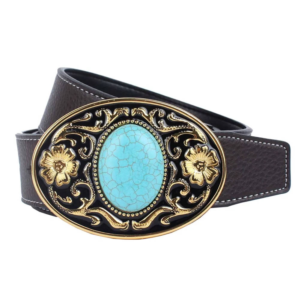Western Cowboy Leather Belt Arabesque Buckle Turquoise Women Mens Adjustable