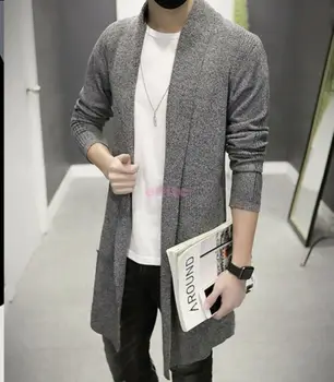 

Woolen Mens Coats Knitted Sweaters Korean Long V-Collar Cardigan Slim Outwear