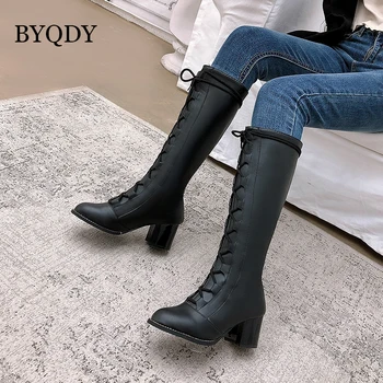 

BYQDY Short Plush Women Warm Winter Boots Lace-up Square Heel Boots Knee High Round Toe Boots Slim Long Boots Winter Shoes 48