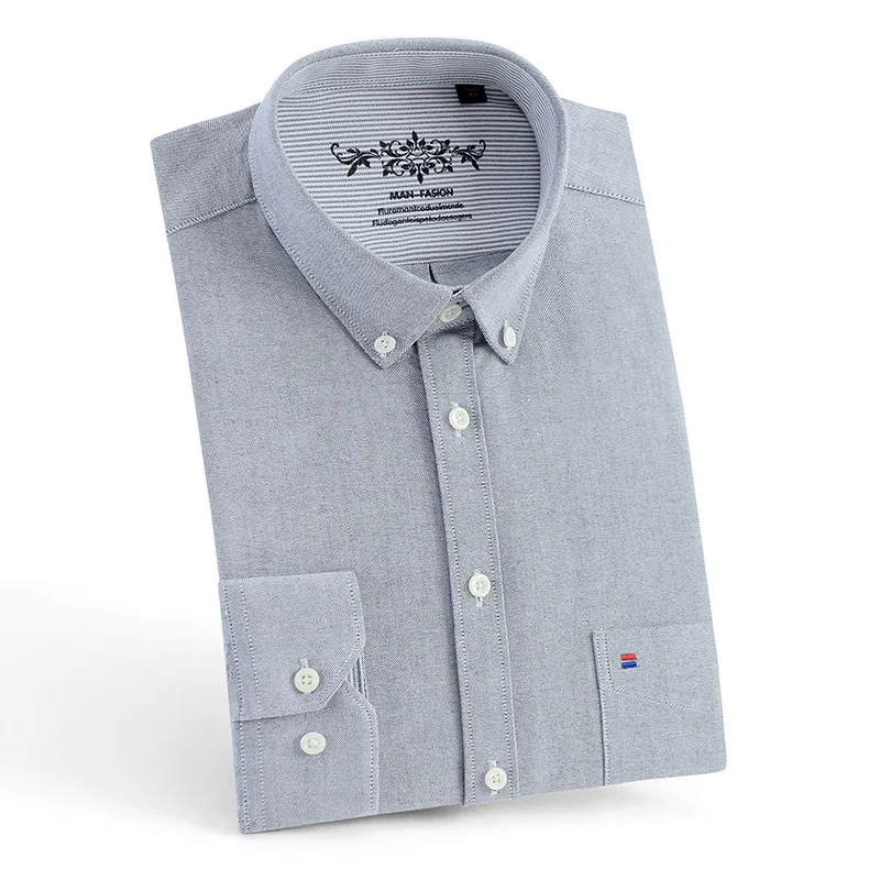 New Men s Long Sleeve Shirt Oxford Fabric Cotton Printed Comfortable Slim Plaid Striped Collar Business 2