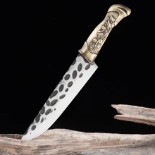 

Longquan Knives 7Cr17MoV Steel Cleaver Kitchen Knife 7.3 Inch Steak Barbecue Survival Hunting Knife With Holster Copper Handle