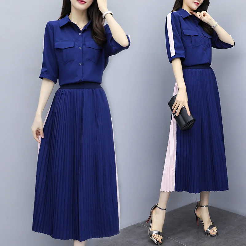 

2019 Summer New Style Large Size Dress Large GIRL'S Fashion Fold-down Collar Tops + Skirt Two-Piece Set
