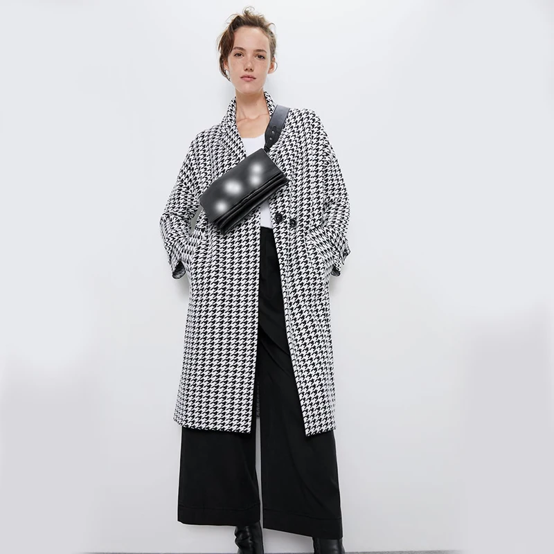 Шерстяное твидовое пальто ZA Houndstooth, Осень-зима, Женская Повседневная Популярная верхняя одежда средней длины, шерстяное пальто, парка