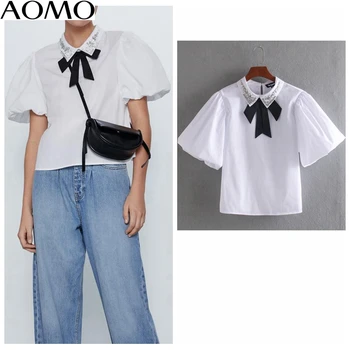 

AOMO fashion women beading bow tie white cotton shirts summer short sleeve female school style sweet blouses CE201A